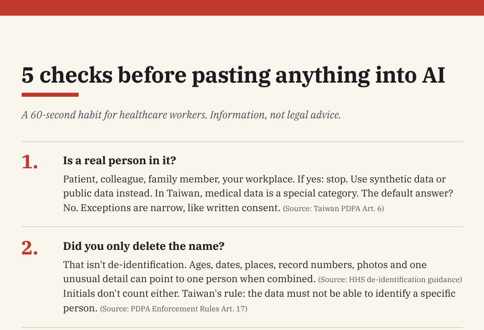First page of the checklist: 5 checks before pasting anything into AI